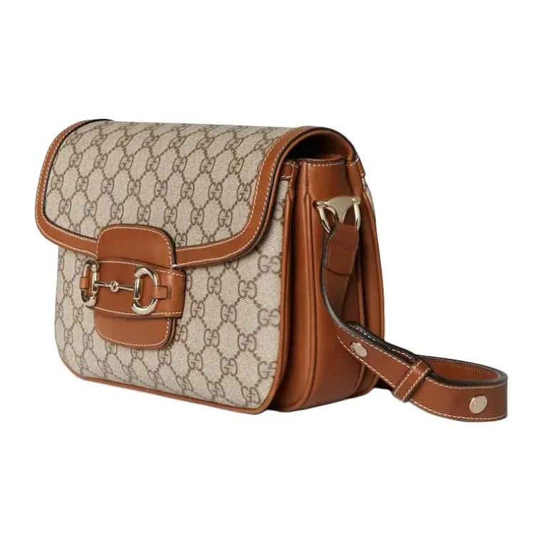 GUCCI Horsebit 1955 Coated Fabric Shoulder Bag Trumpets Women's Beige & Brown-1