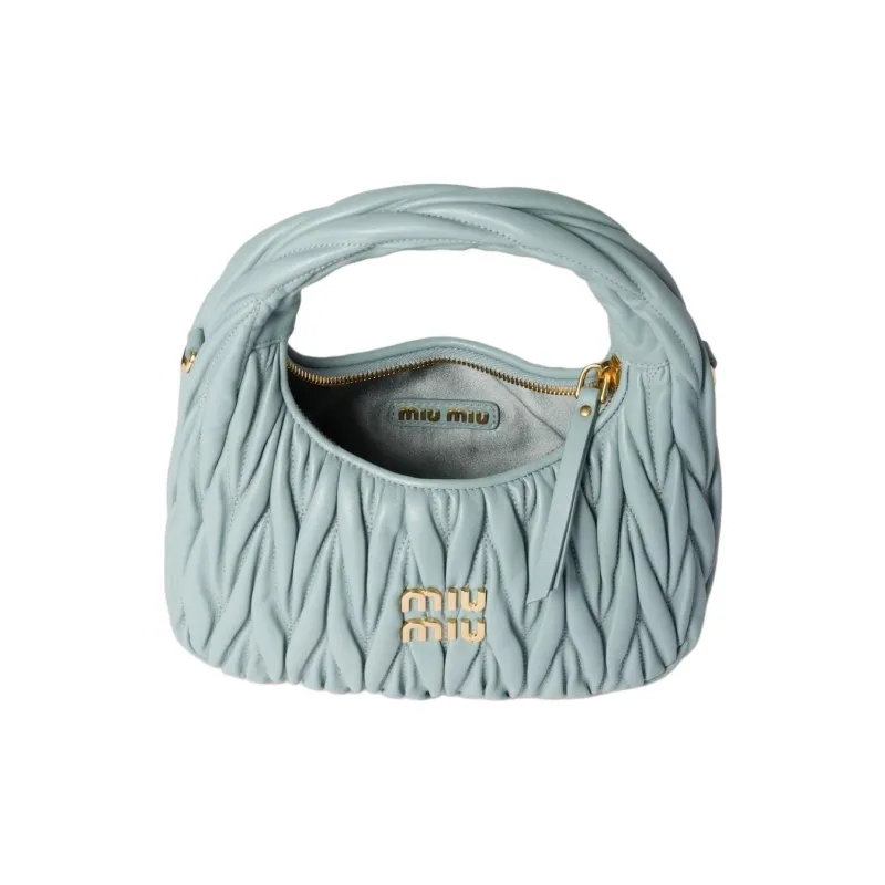 MIU MIU Wander Collection Matelassé Lambskin One Shoulder Handbag Trumpets Women's Light Blue-3