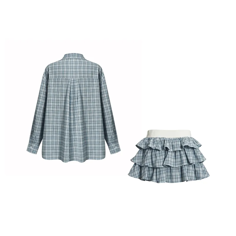 MTHE Two Piece Skirt Sets Women's Blue Plaid-1