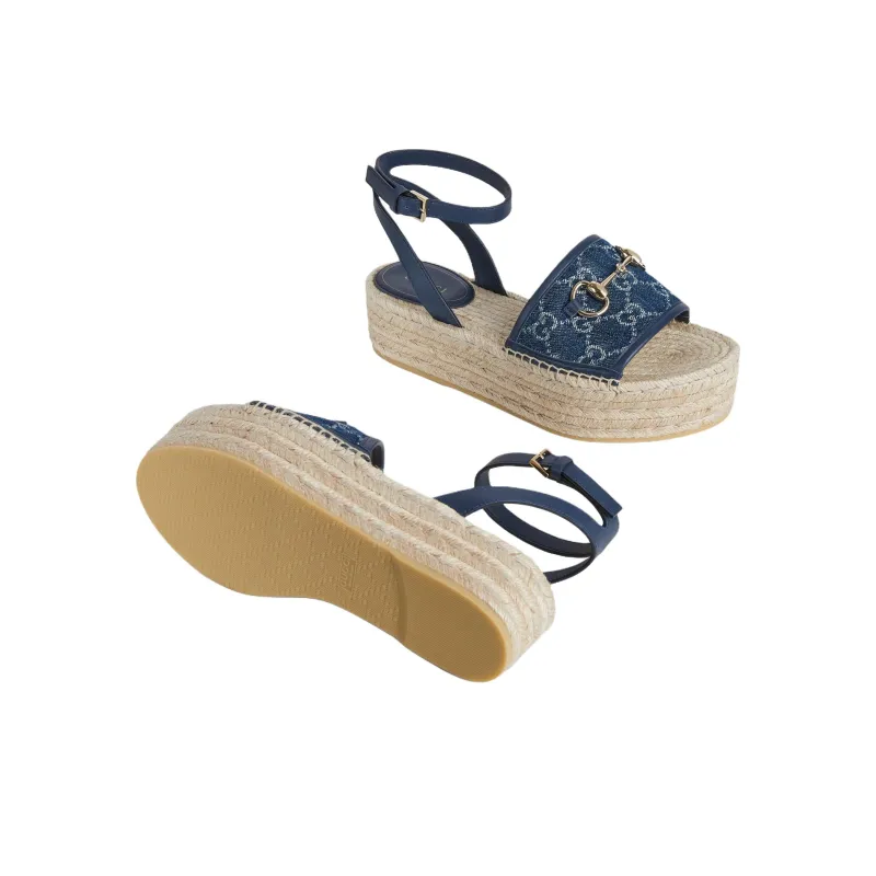 GUCCI Horsebit One Strap Sandals 4.5cm Women's Blue-4