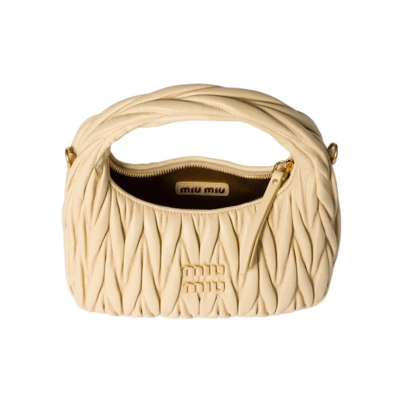 MIU MIU MatelasséWander Collection Lambskin Hobo Bag, Single Shoulder Handbag Small Size Women's Soybean Color-4