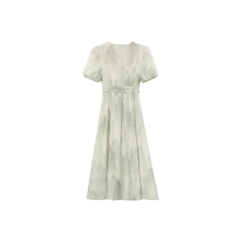PLANE DRIFT Short Sleeved Dresses Women's Ash Gray With Floral Pattern-1