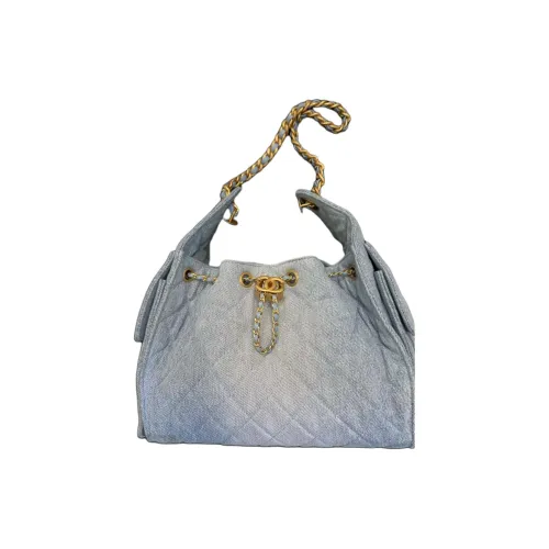 CHANEL Washable Denim Shoulder Bag Small Size Women's Blue