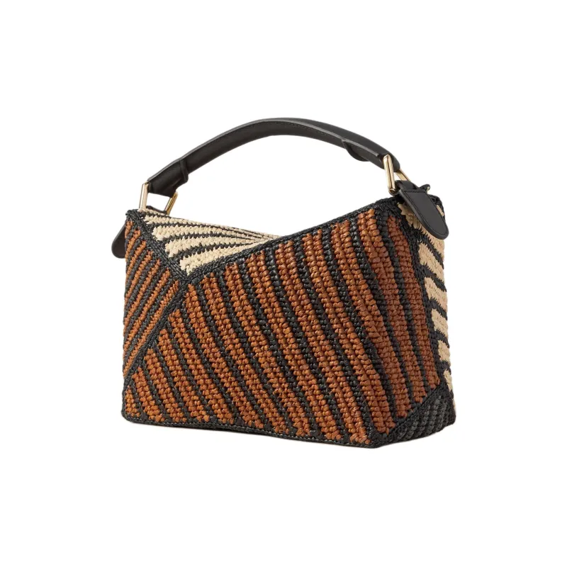 LOEWE Puzzle Raffia Shoulder Bag, Crossbody Bag, Handbag Trumpets Women's Brown & Black & Beige-1