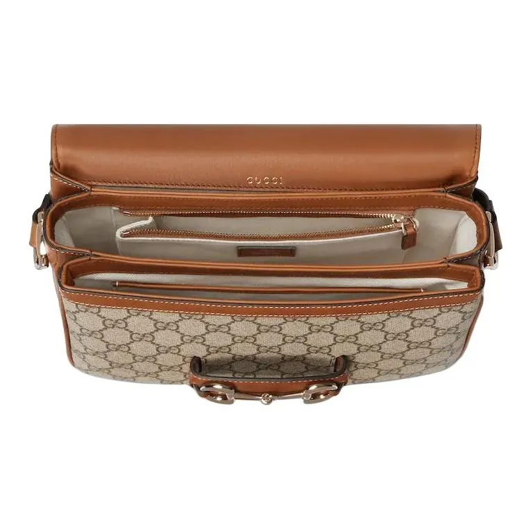 GUCCI Horsebit 1955 Coated Fabric Shoulder Bag Trumpets Women's Beige & Brown-4