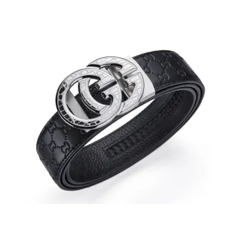 Jeccieziio Top Grain Cow Leather Automatic Buckle Steel Clasp Belt, Husband's Belt Men's Silver Gold Width 3.5cm