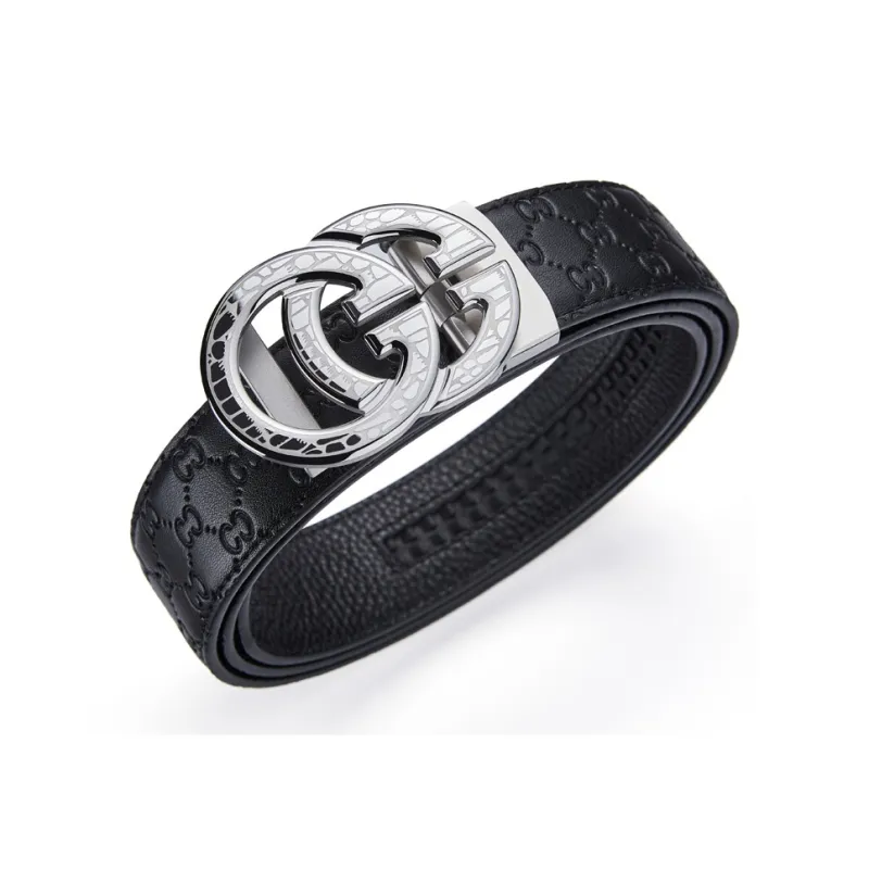 Jeccieziio Top Grain Cow Leather Automatic Buckle Steel Clasp Belt, Husband's Belt Men's Silver Gold Width 3.5cm-5