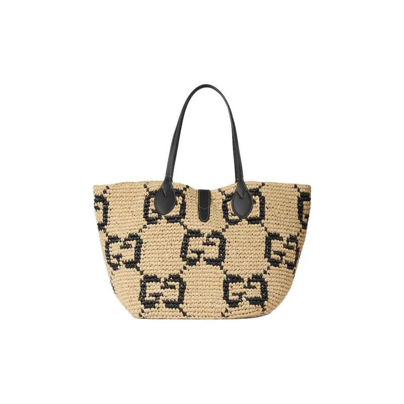 GUCCI Raffia Tote Bag, Shopping Bag, Shoulder Bag Trumpets Women's Brown-4