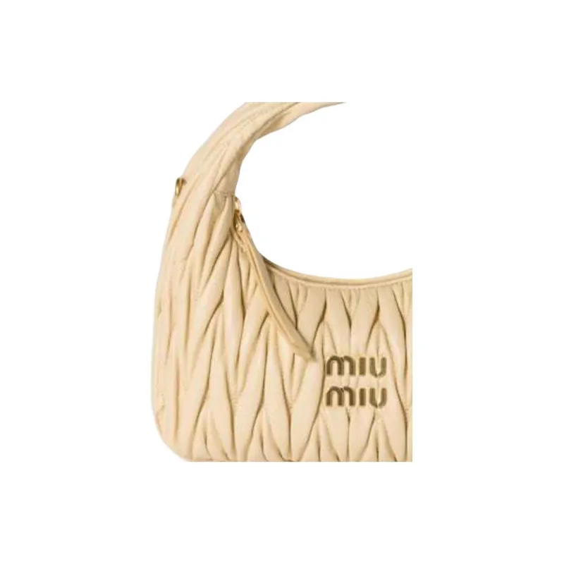 MIU MIU MatelasséWander Collection Lambskin Hobo Bag, Single Shoulder Handbag Small Size Women's Soybean Color-5