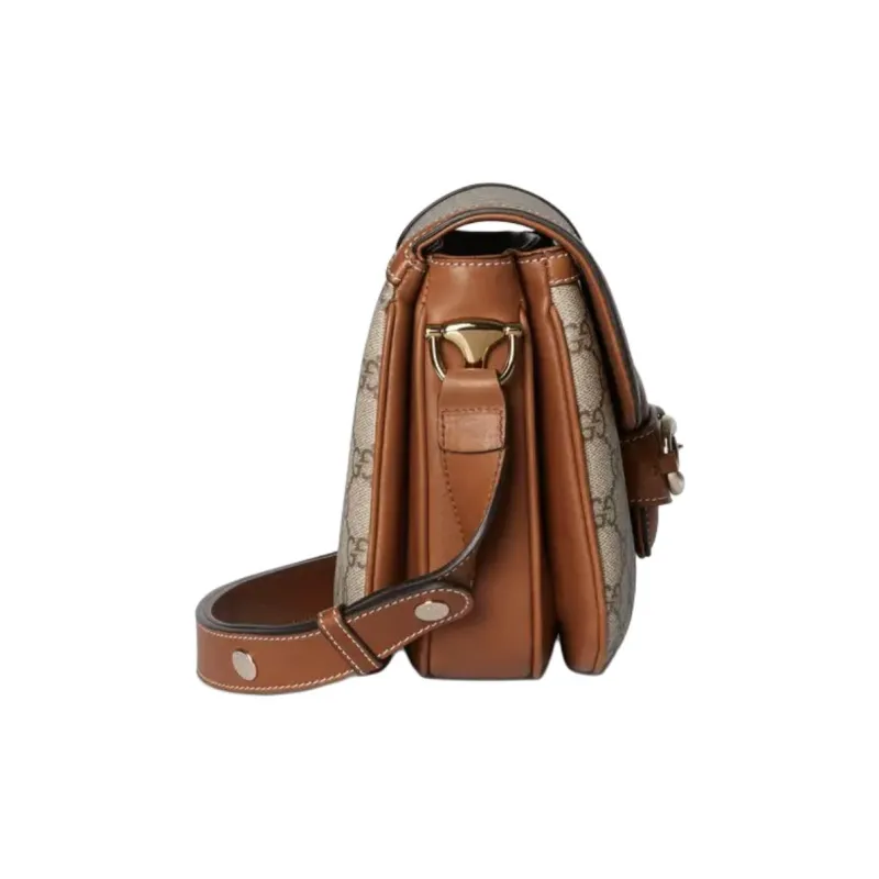 GUCCI Horsebit 1955 Coated Fabric Shoulder Bag Trumpets Women's Beige & Brown-2