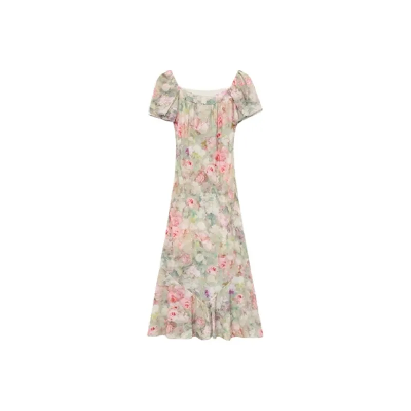 PLANE DRIFT Short Sleeved Dresses Women's Pea Green Floral-1