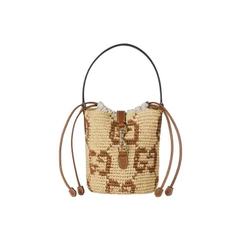 GUCCI Raffia Bucket Bag, One Shoulder Handbag Extra Mini Unisex Original & Brown