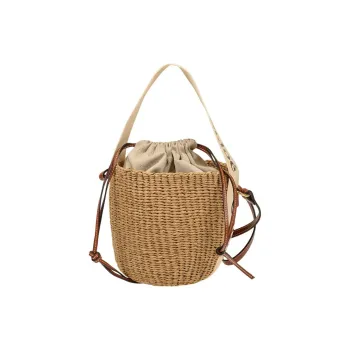 Chloe Woody Straw Bucket Bag, One Shoulder Handbag Women's Ecru
