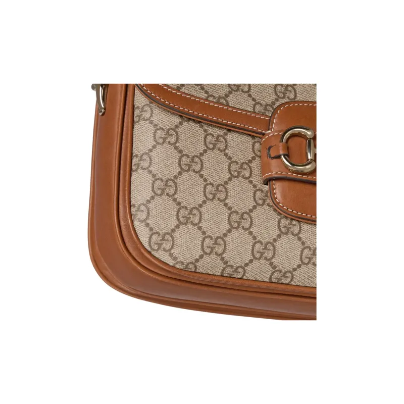 GUCCI Horsebit 1955 Coated Fabric Shoulder Bag Trumpets Women's Beige & Brown-6