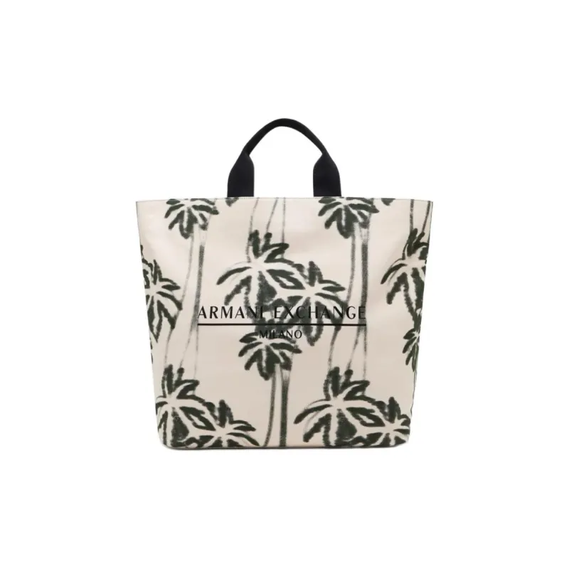 ARMANI EXCHANGEAE Cotton Tote Bag, Shopping Bag, Handbag Tubas Men's Raw White & Forest Green-0