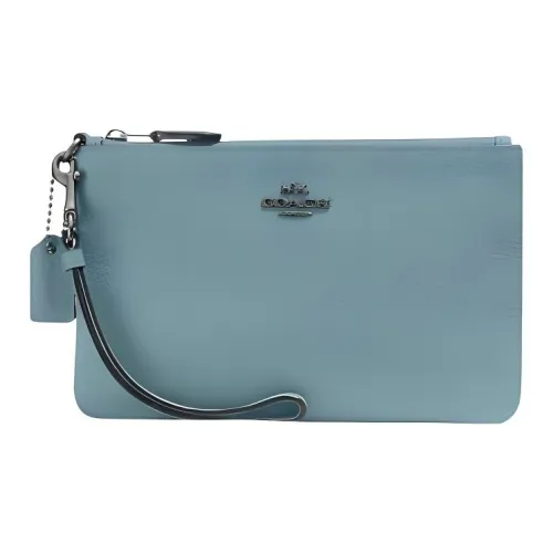 COACH Wristlet Pebbled Leather Mahjong Box Clutch Wrist Bag Small Size Women's Sage Green