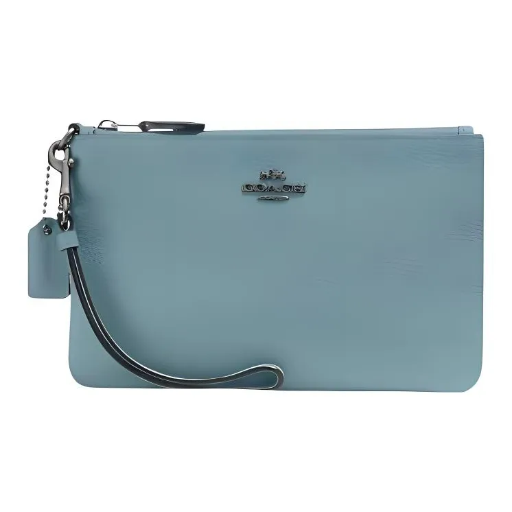COACH Wristlet Pebbled Leather Mahjong Box Clutch Wrist Bag Small Size Women's Sage Green-0