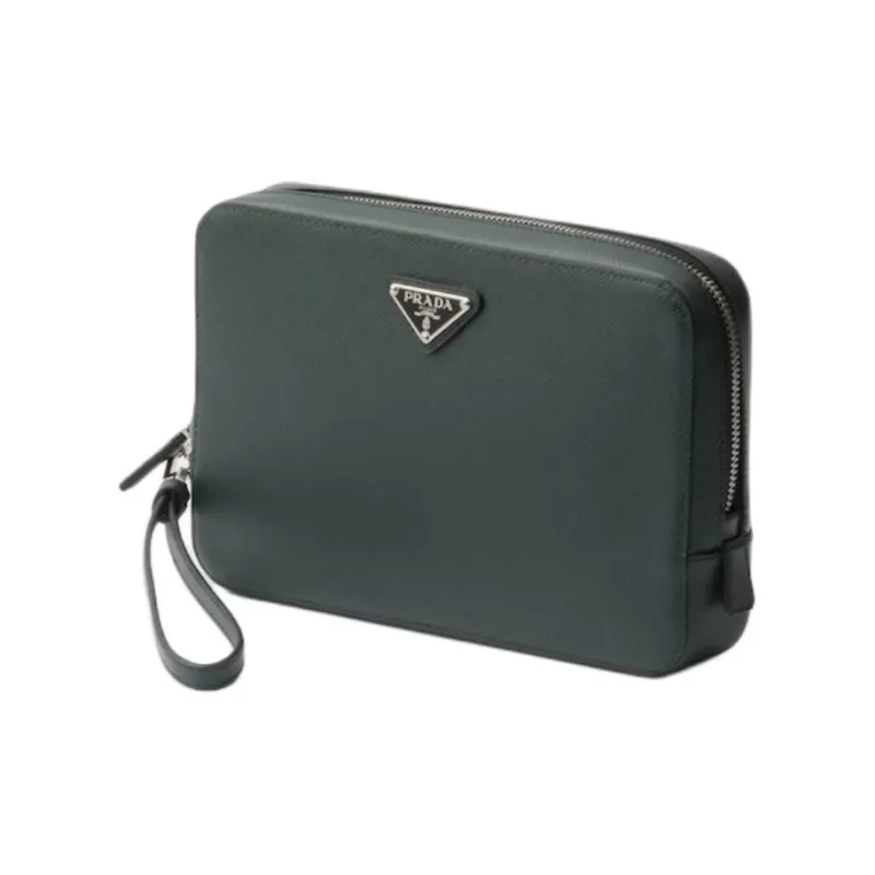 PRADA Saffiano Cow Leather Clutch Unisex Green-1
