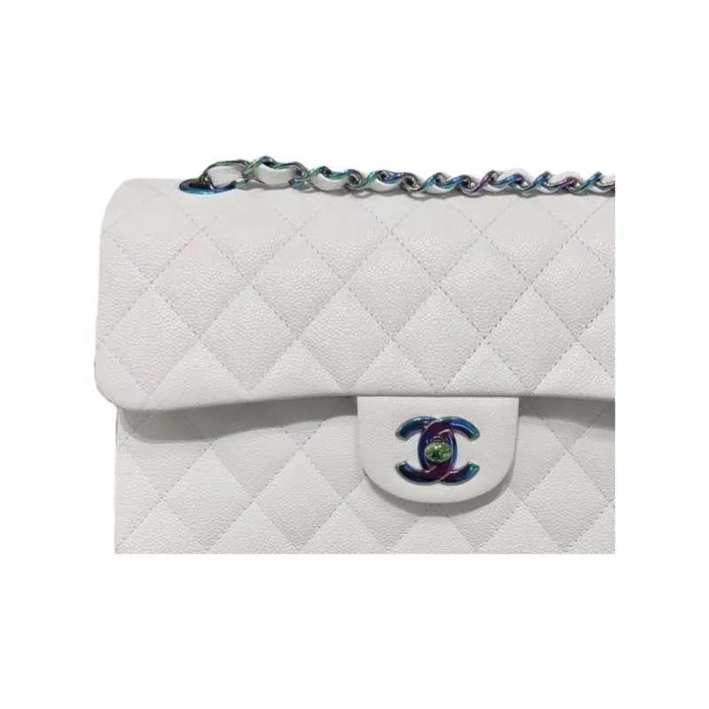 CHANEL Classic Flap CF Embossed Calfskin Crossbody Bag, Shoulder Bag Trumpets Women's White-2