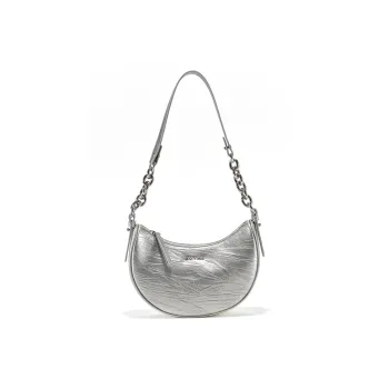 Simedin Cow Leather Crescent Bag Chain Crossbody Bag Shoulder Bag Small Size Women's Silver Gray/Deep Black