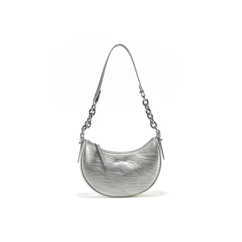 Simedin Cow Leather Crescent Bag Chain Crossbody Bag, Shoulder Bag Trumpets Women's Silver Gray/Deep Black-0