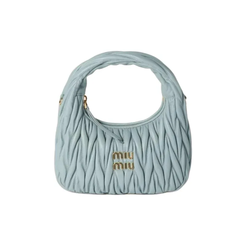 MIU MIU Wander Collection Matelassé Lambskin One Shoulder Handbag Trumpets Women's Light Blue-0