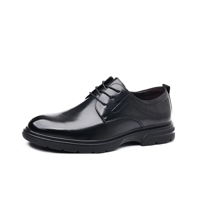 Kaltendin Top Grain Cow Leather Minimalist Style Lace Up Business Commute Vintage Casual Shoes Men's Black-1