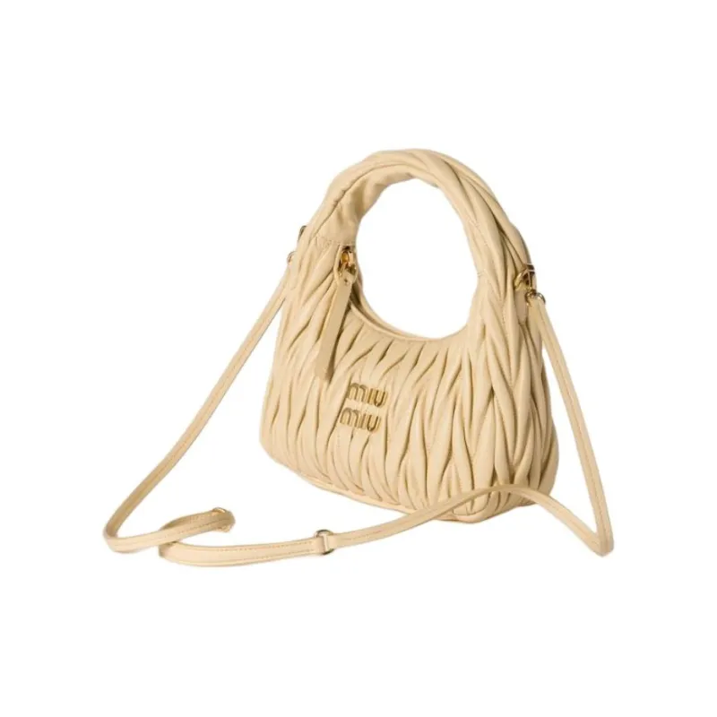 MIU MIU MatelasséWander Collection Lambskin Hobo Bag, Single Shoulder Handbag Small Size Women's Soybean Color-1