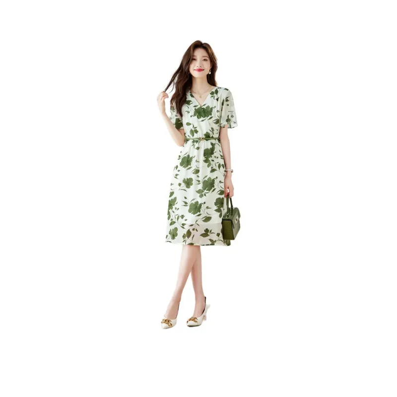 PLANE DRIFT Short Sleeved Dresses Women's White With Green Floral-2