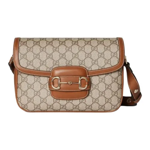 GUCCI Horsebit 1955 Coated Fabric Shoulder Bag Small Size Women's Beige & Brown
