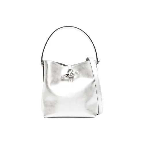 LONGCHAMP Roseau Calfskin Bucket Bag, One Shoulder Handbag Extra Small Women's Silver