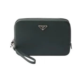 PRADA Saffiano Cow Leather Clutch Unisex Green