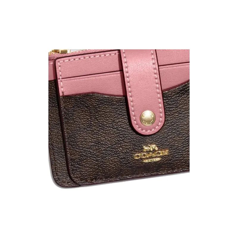 COACH Card Case Signature Coated Canvas With Smooth Leather Coin Purses Card Holders Mini Women's Brown & Pink-4
