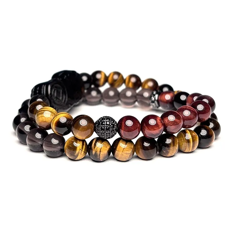 MOUNTAINS AND MANS Tiger's Eye Stone New Chinese Style Luxury Layering Good Luck Beaded Bracelet Men's-1