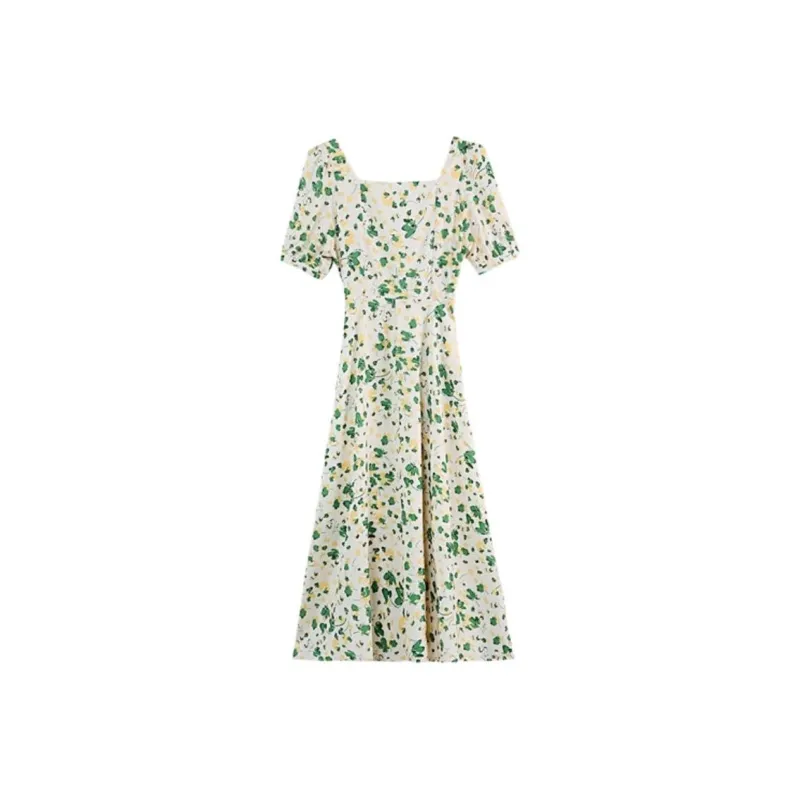 KUNZHUDAXIANG Short Sleeved Dress Women's Fresh White Green Color Scheme-8