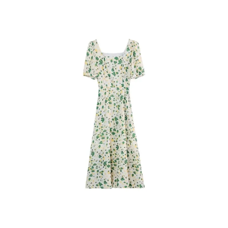 KUNZHUDAXIANG Short Sleeved Dress Women's Fresh White Green Color Scheme-7