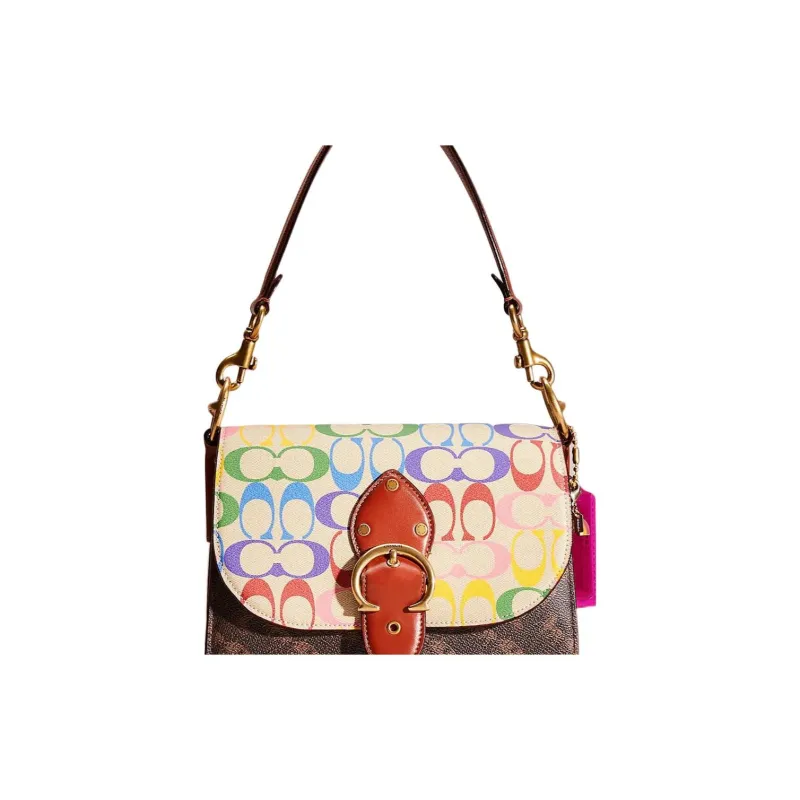 COACH Beat Canvas With Leather Handbag Shoulder Bag Medium Size Women's Rainbow Multicolor-3