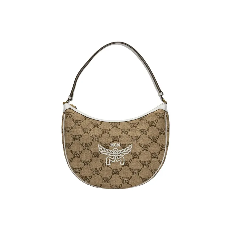 MCM Jacquard Fabric HOBO Bag Shoulder Bag Medium Size Women's Beige-0