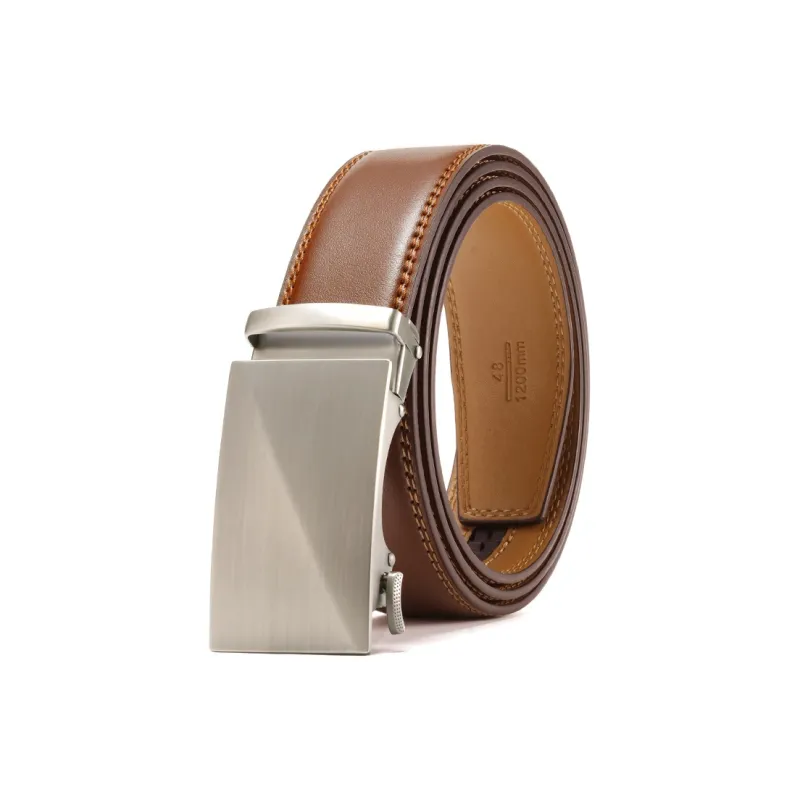 PISHUSHU Cow Leather Automatic Buckle Belt Men's Brown Brushed Gunmetal Buckle Width  3.5cm-0