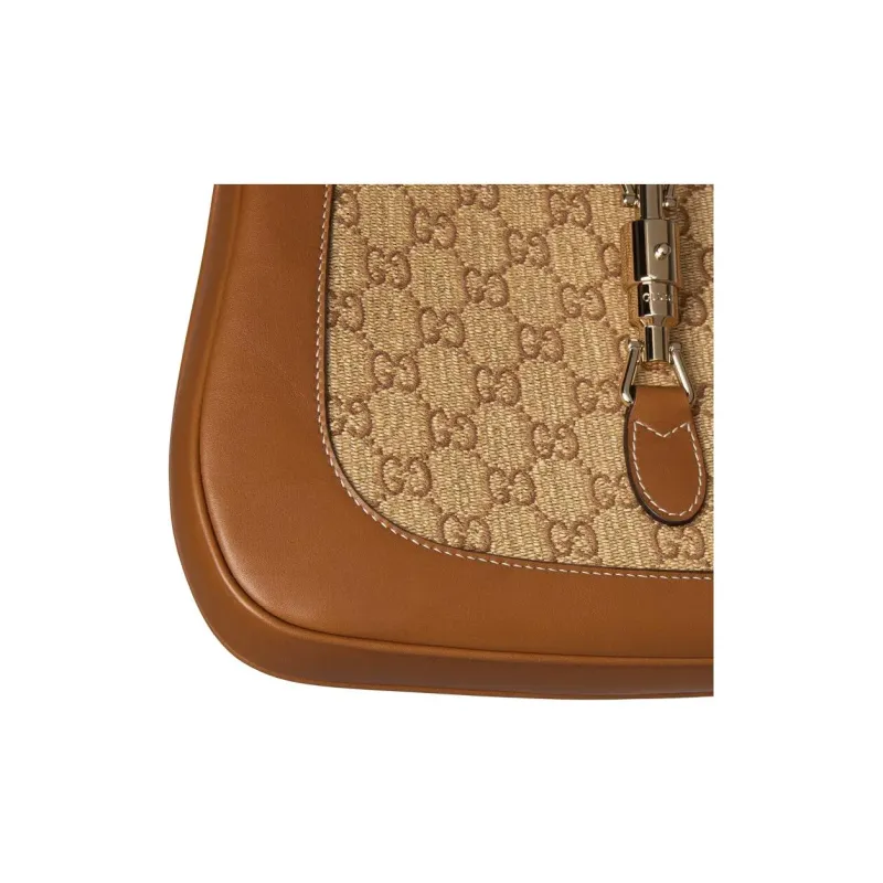 GUCCI Jackie 1961 Raffia Effect Fabric Handbag, Shoulder Bag Trumpets Women's Brown-7