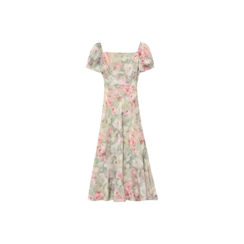 PLANE DRIFT Short Sleeved Dresses Women's Pea Green Floral-2