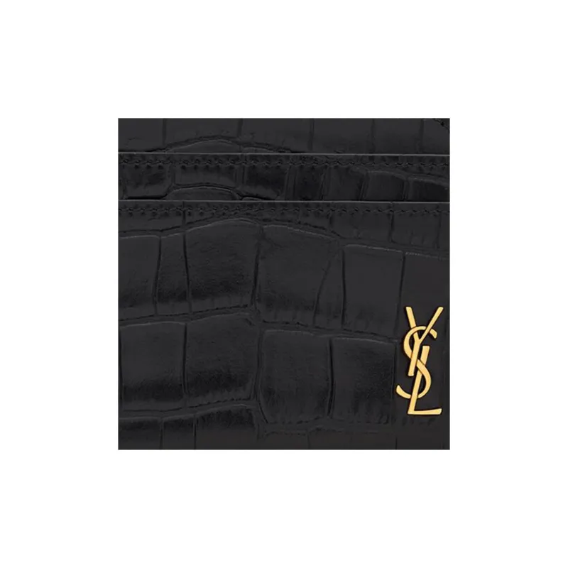SAINT LAURENT Matte Crocodile Pattern Embossed Leather Card Holder Card Holder Men's Black-3