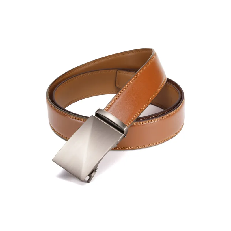 PISHUSHU Cow Leather Automatic Buckle Belt Men's Brown Brushed Gunmetal Buckle Width  3.5cm-2