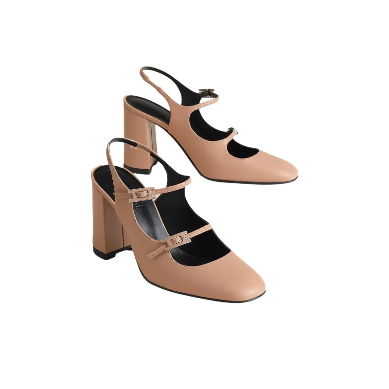 HERMES Jackie Chunky Heel High Heels 9cm Women's Beige-2