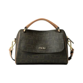 FION Coated Canvas Boston Bag Shoulder Bag Crossbody Bag Handbag Medium Size Women's Dark Coffee Brown