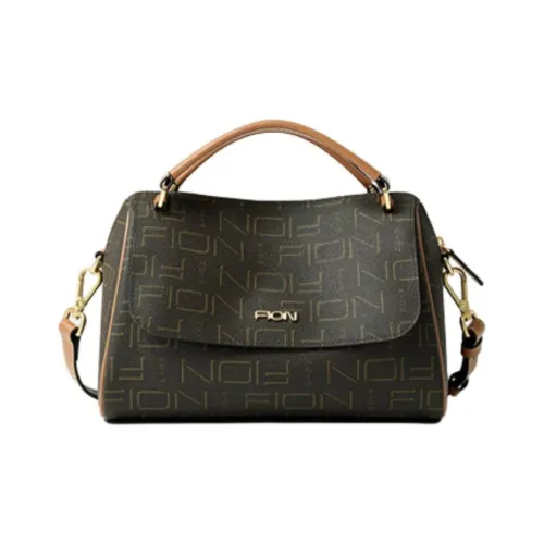 FION Coated Canvas Boston Bag Shoulder Bag Crossbody Bag Handbag Medium Size Women's Dark Coffee Brown