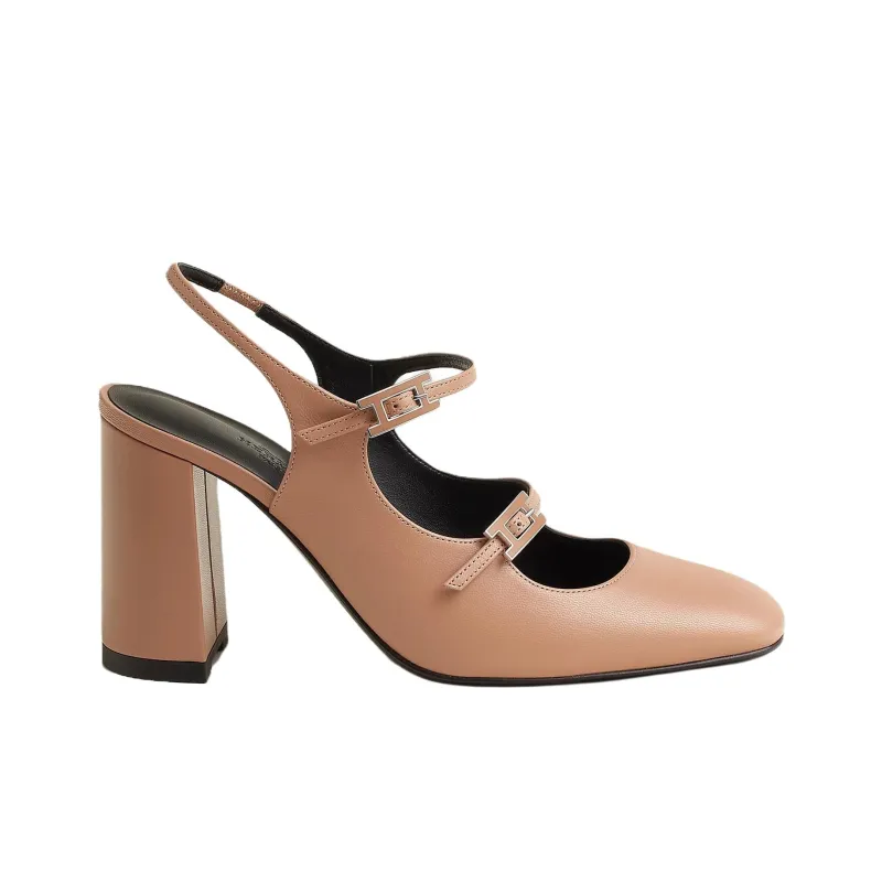 HERMES Jackie Chunky Heel High Heels 9cm Women's Beige-1