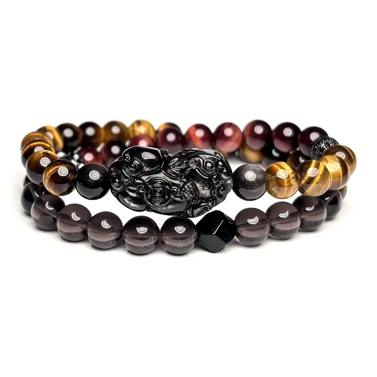 MOUNTAINS AND MANS Tiger's Eye Stone New Chinese Style Luxury Layering Good Luck Beaded Bracelet Men's-0