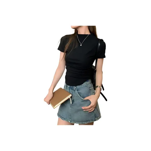 American Luxury Streetwear Minimalist Style Solid Color Versatile Belly Button Exposed Short Sleeved T Shirts Women's