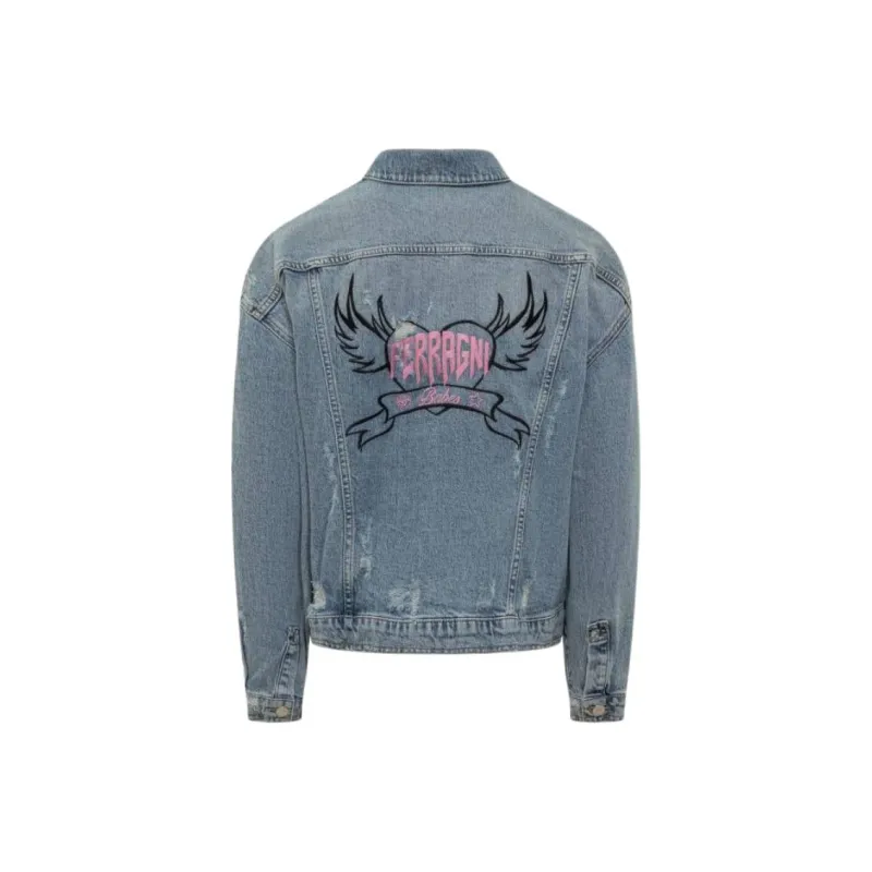 CHIARA FERRAGNI Logo Embroidered Distressed Denim Jacket-1